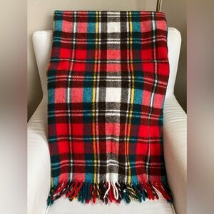 VTG Wool Blend Plaid Throw Blanket w Fringed Edge 54x60”
